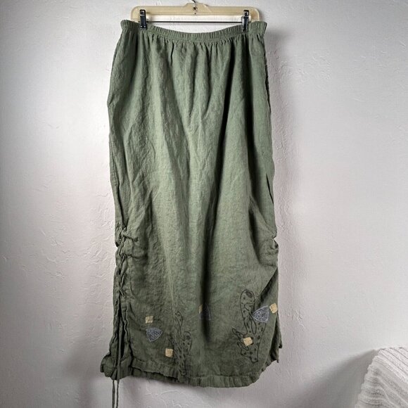 Vintage Blue Fish Women's Straight Maxi Skirt Green Elastic Waist Linen Size 1